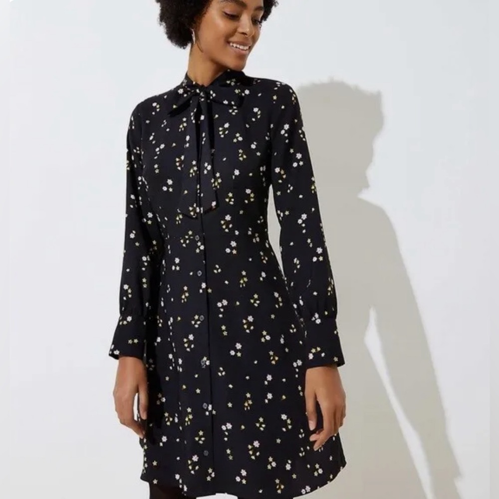 LOFT Floral Tie Neck Flare Dress Black, Size 8